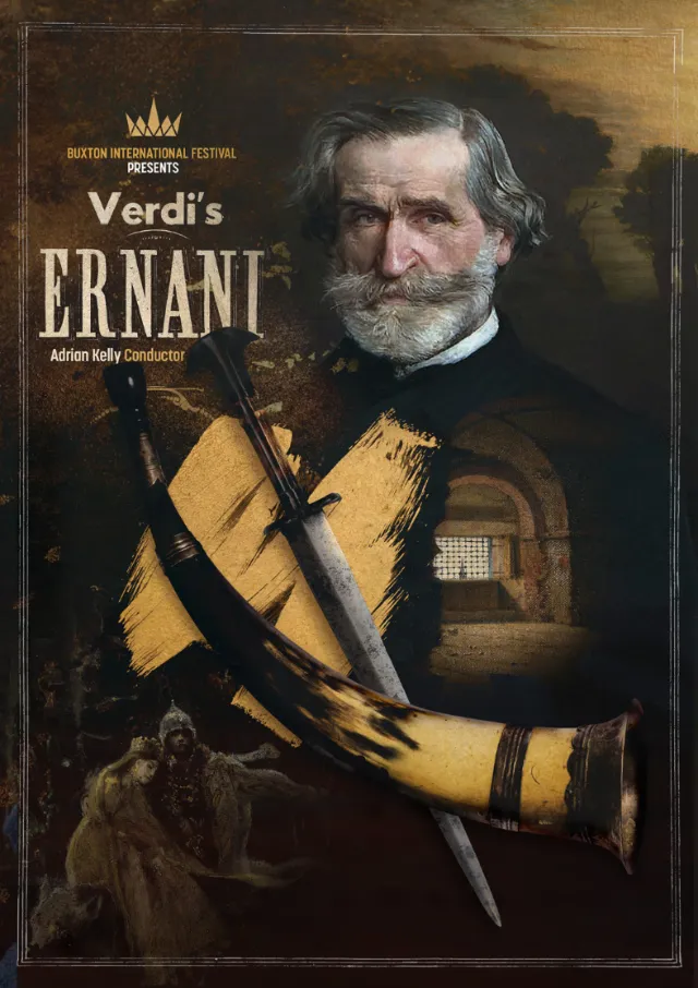 Opera poster for Verdi's Ernani featuring a man with a horn, artwork by Patrick Boyer