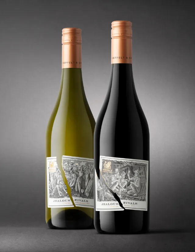 Studio Duco’s Jealous Rivals labels on two Seppelt wine bottles.