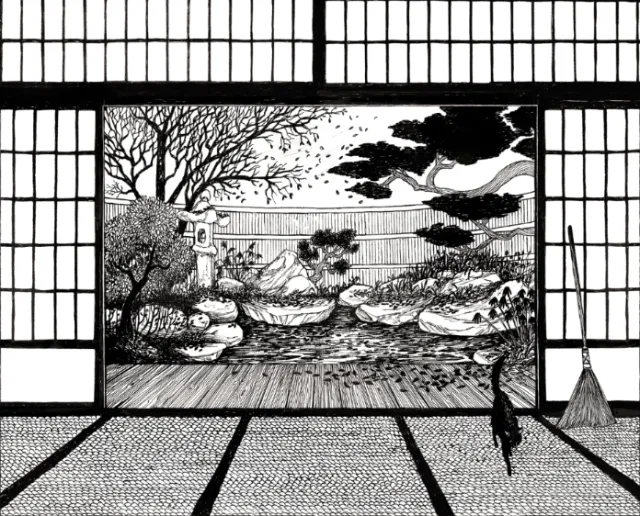 Black and white Japanese garden view through shoji screen by Rohan Eason