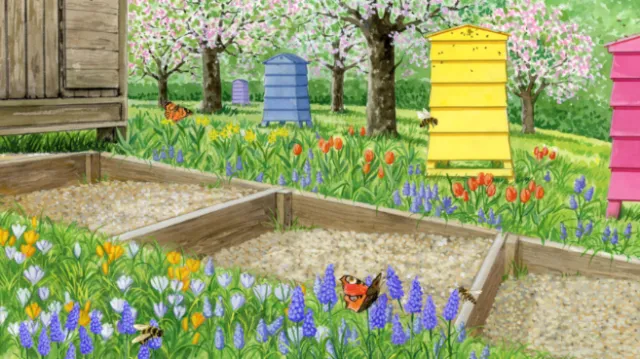 Colorful beehives amid flowers and trees in a garden by Ruth Palmer