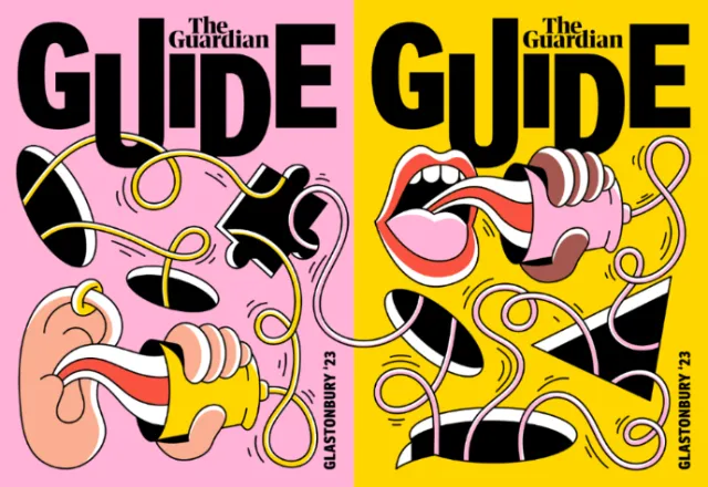 Illustration of hands and mouths with cords on Glastonbury Festival guide by Veronika Kiriyenko