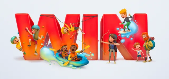 3D colorful characters playing near large red letters forming WIN by Sergio Edwards