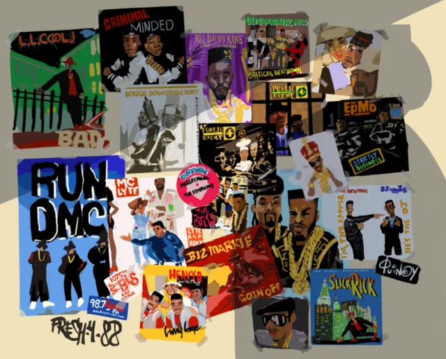 Collage of classic hip hop album covers by Quincy Sutton