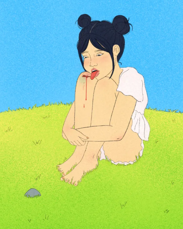 Girl sitting on grass with bleeding finger by Debs Lim