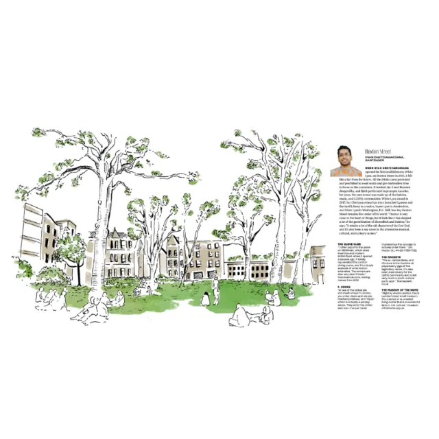 Urban park with trees, buildings, and people, illustration by May van Millingen.