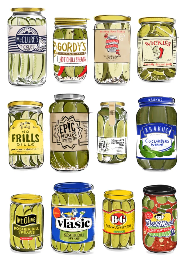 Various jars of pickles and cucumbers illustrated by May van Millingen