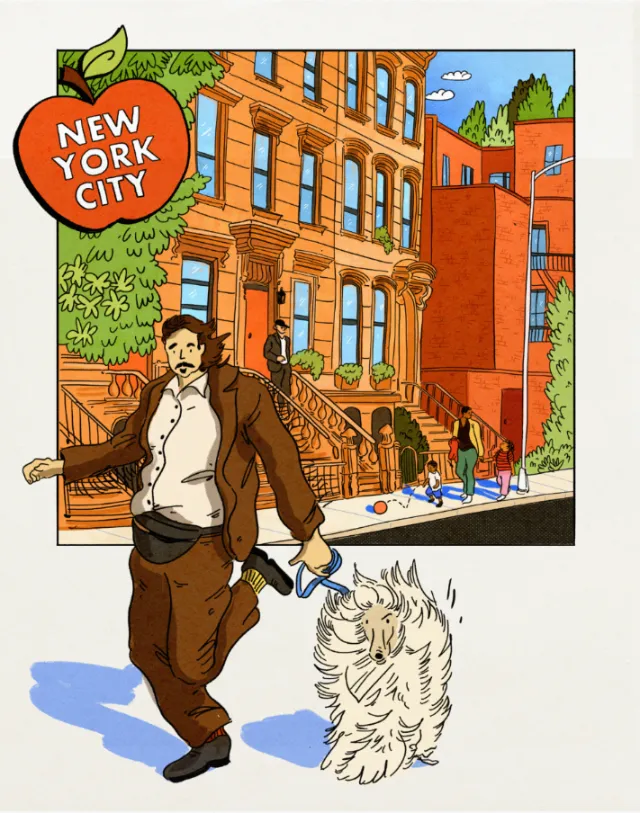 Man in brown coat walking white dog in New York City street by Amber Day
