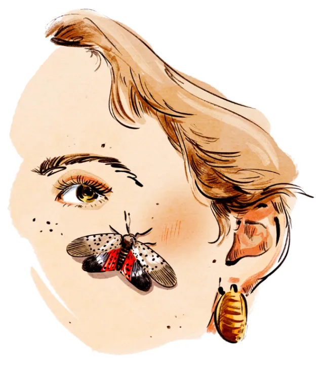 Woman's face with a moth on cheek and insect earring by Amber Day