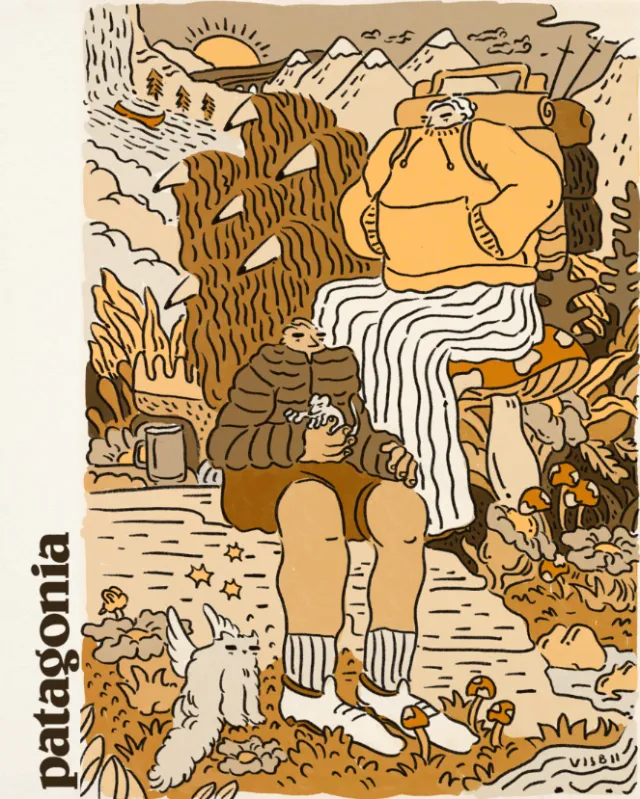 Hikers resting with dogs in mountain landscape by Amber Day