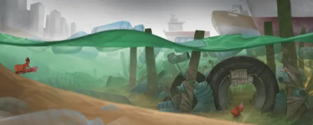 Underwater urban debris scene with green canopy by Tom Bonson
