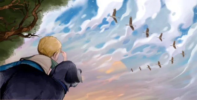 Boy and black dog watching birds flying in the sky by Tom Bonson