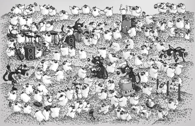 Black cats hiding among white sheep in overcrowded field by Carles Garcia O'Dowd