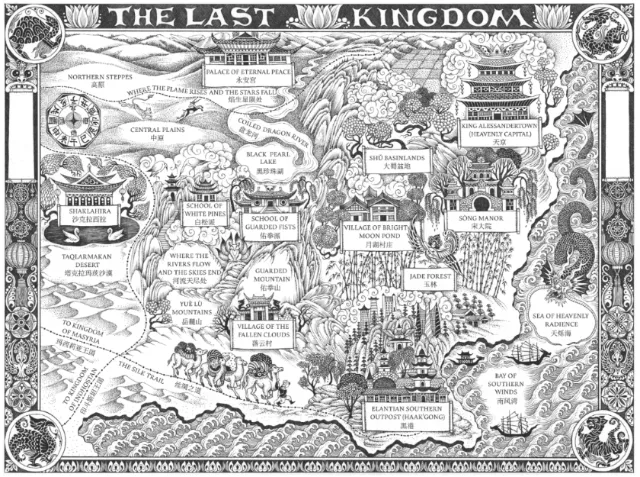 Detailed black and white fantasy map of Last Kingdom by Sveta Dorosheva