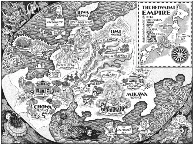 Black and white illustrated map of The Heiwadai Empire by Sveta Dorosheva