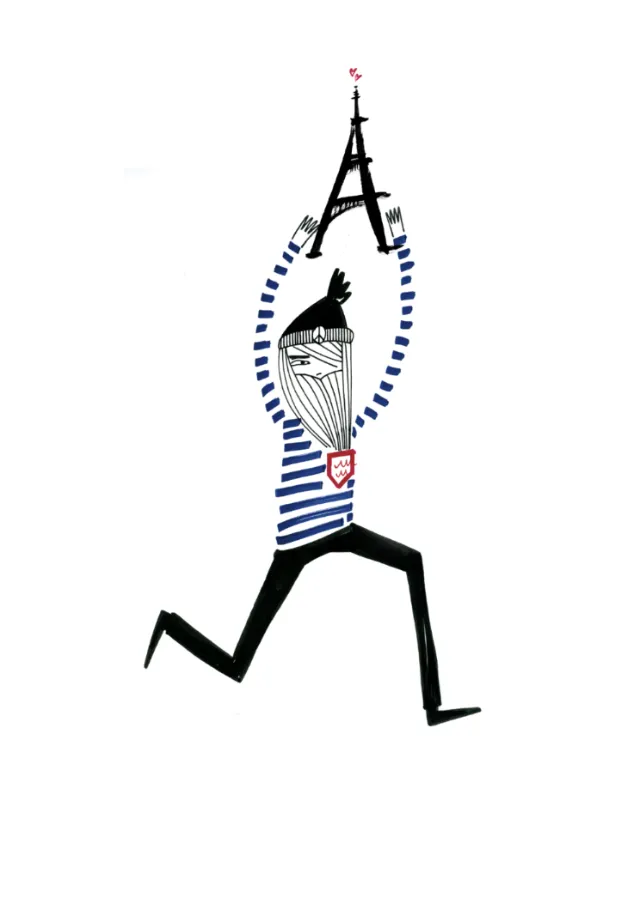 Person in striped shirt hanging from Eiffel Tower illustration by Nadia Flower