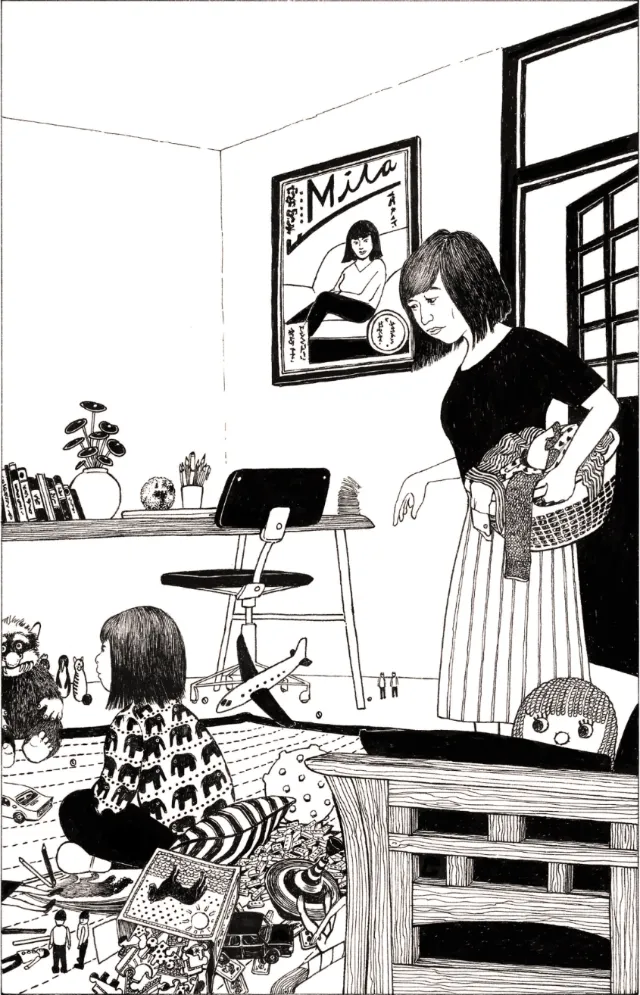 Black and white drawing of mother and child in living room by Rohan Eason