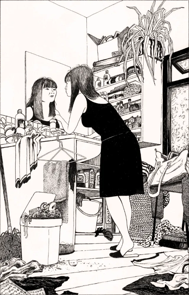 Woman in black dress applying makeup before mirror in cluttered room by Rohan Eason