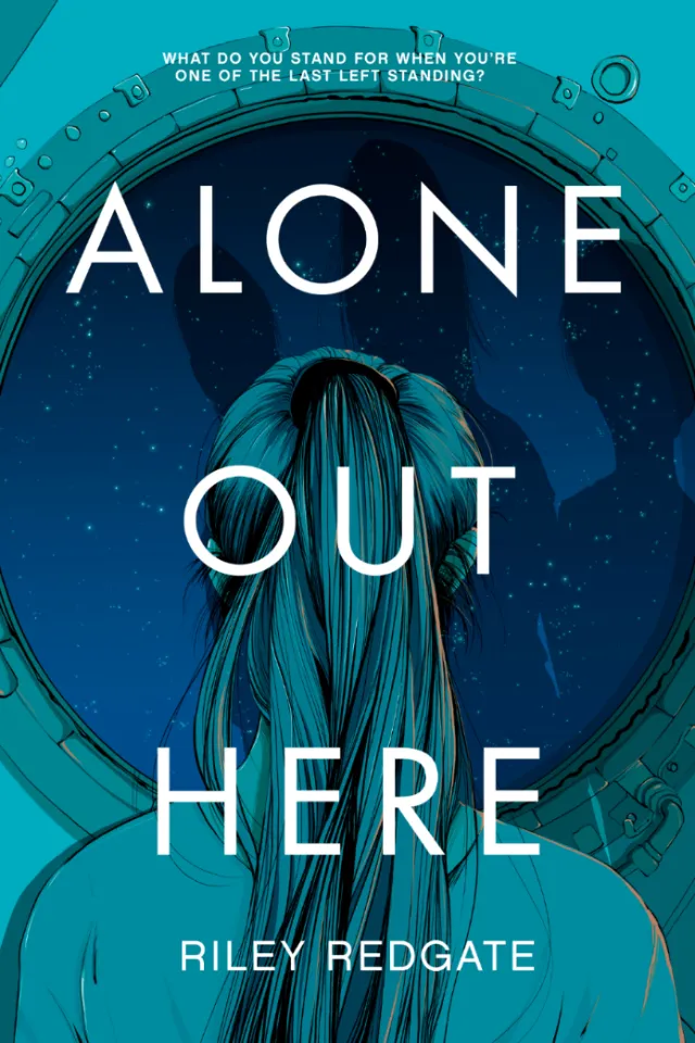 Book cover showing a woman looking out a porthole in space by Carolina Rodriguez Fuenmayor
