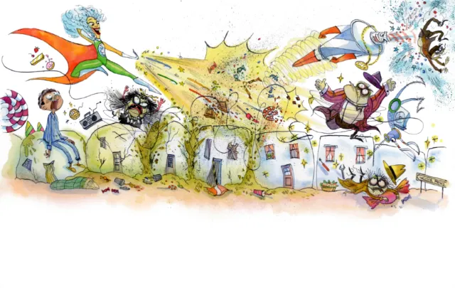 Colorful scene of children and tooth fiends in playful battle by Agnès Ernoult