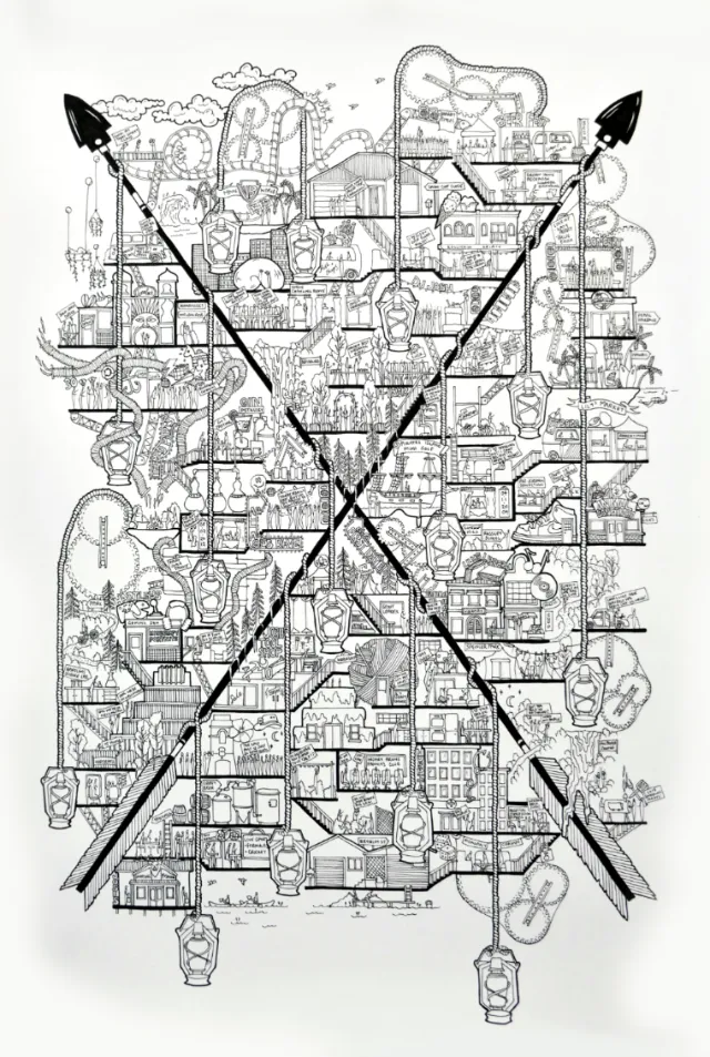 Black and white city map with crossed arrows illustration by Ellie Compton