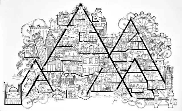 Black and white detailed London landmarks illustration by Ellie Compton