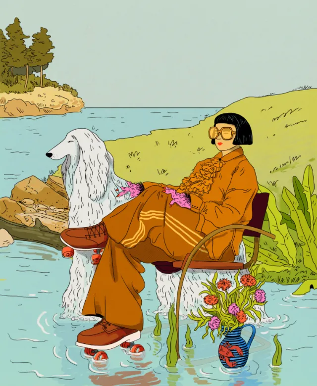 Person in orange outfit sitting by lake with large white dog by Amber Day