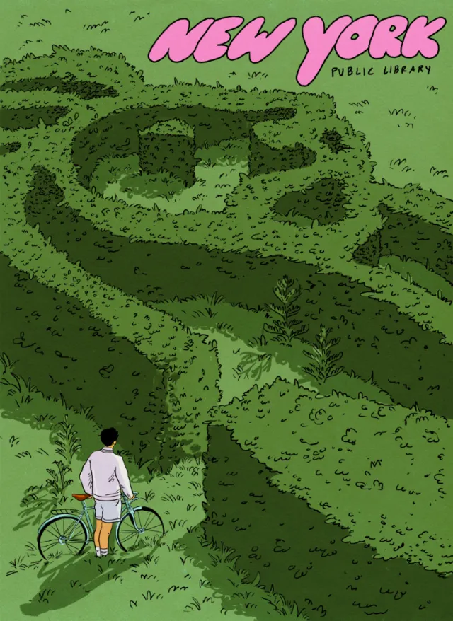 Person standing with bicycle facing a green maze by Amber Day