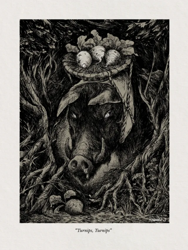 Detailed drawing of a boar with basket of mushrooms in forest by Rino Pelli