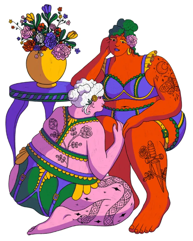 Two women in vibrant lingerie with floral tattoos, vase of flowers nearby by Rachel Winter