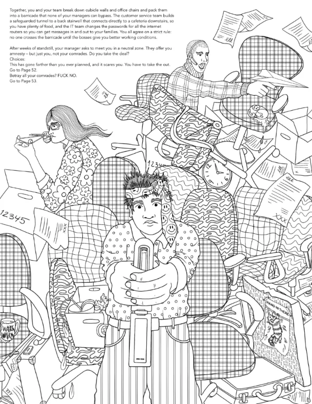Detailed office scene with people and papers, coloring page by Rachel Winter
