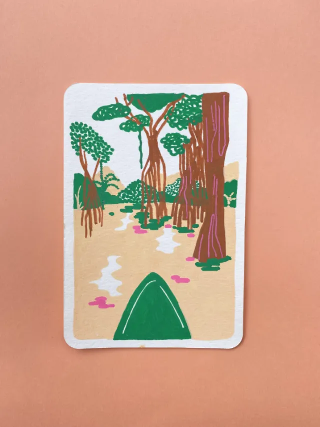 Kayak navigating the mangrove forest, colorful nature scene by Gina Rosas Moncada