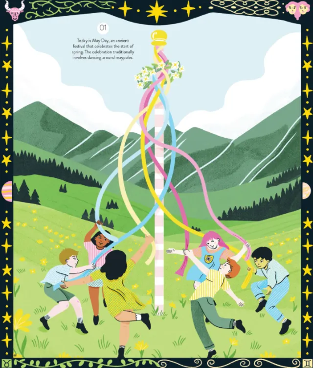 Children dancing around a maypole in a green field by Alison Kerry