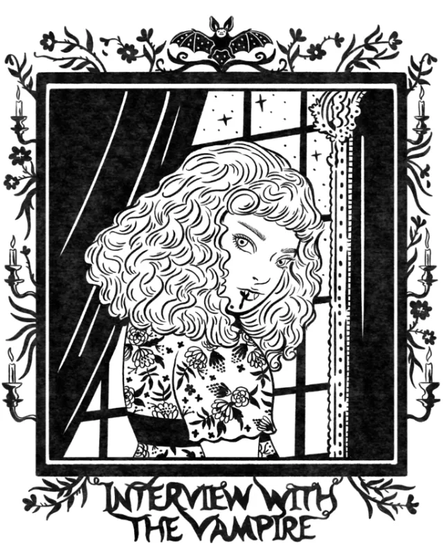 Black and white ink drawing of a woman with curly hair by Alison Kerry