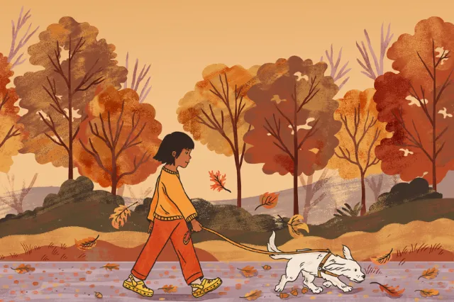 Child walking a white dog along path in autumn trees by Alison Kerry