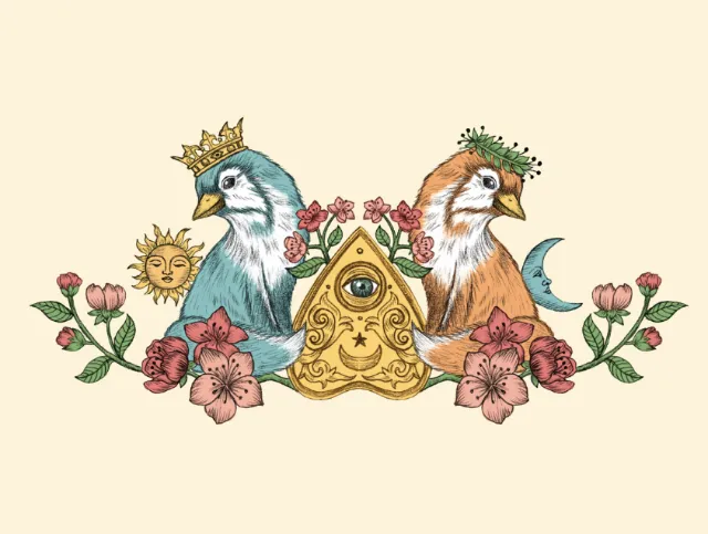Two birds with crowns and floral designs by Carolina Zambrano