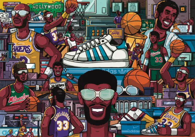 Colorful collage of basketball players and sneakers by Mpumelelo Bhengu
