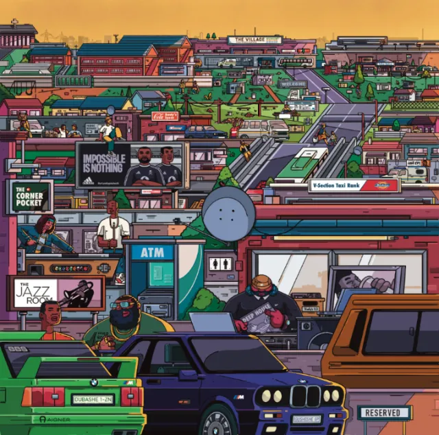 Colorful urban street with vehicles and buildings illustration by Mpumelelo Bhengu