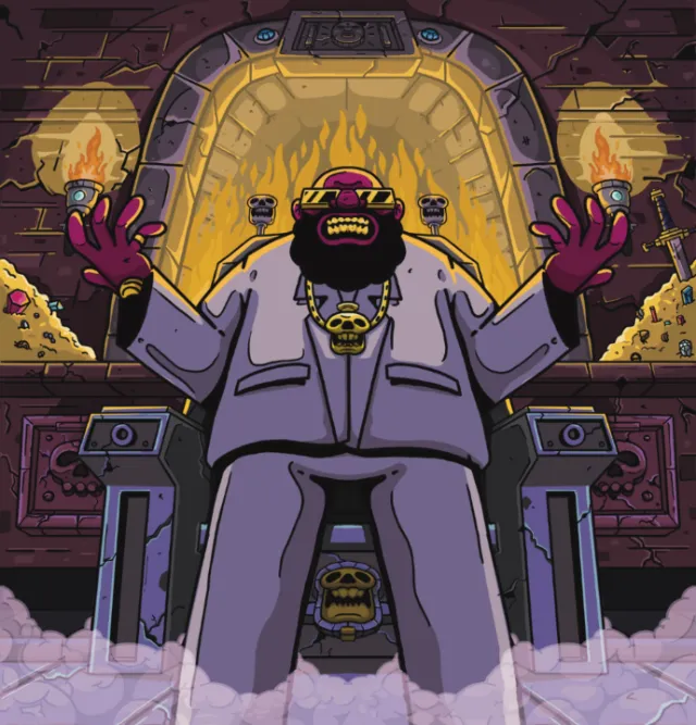 Captain Murphy seated on throne with fiery background by Mpumelelo Bhengu