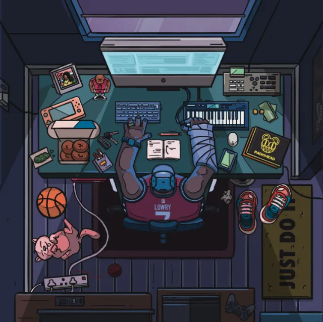 Top-down view of gamer at desk with keyboard, console, and basketball by Mpumelelo Bhengu