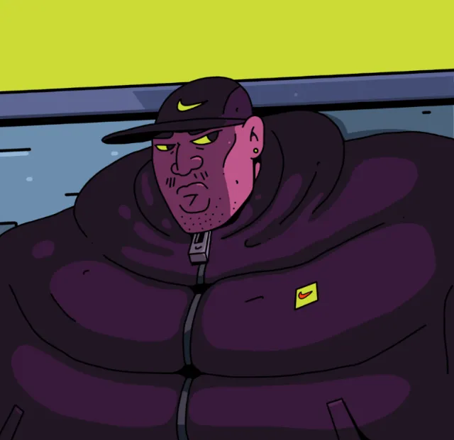 Illustration by Mpumelelo Bhengu of a man in a purple puffer jacket