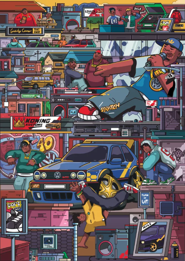 Colorful illustration of VW GTI and urban scenes by Mpumelelo Bhengu