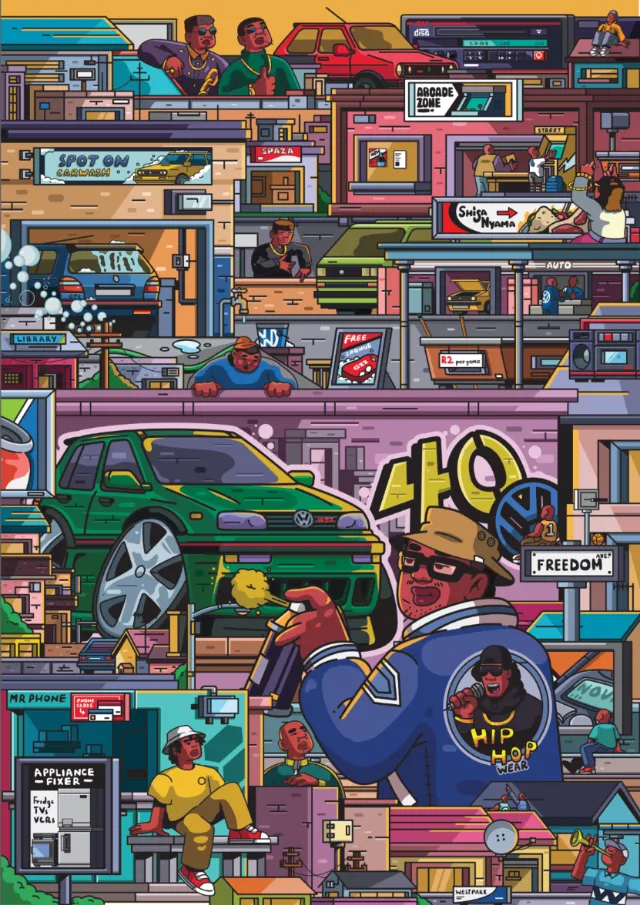 Colorful digital art of VW GTI and urban scenes by Mpumelelo Bhengu