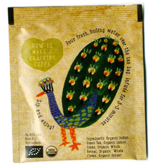 Teabag with peacock illustration and brewing instructions by Christopher Corr