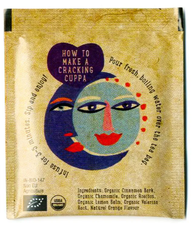 Organic tea bag packaging with dual-face artwork by Christopher Corr