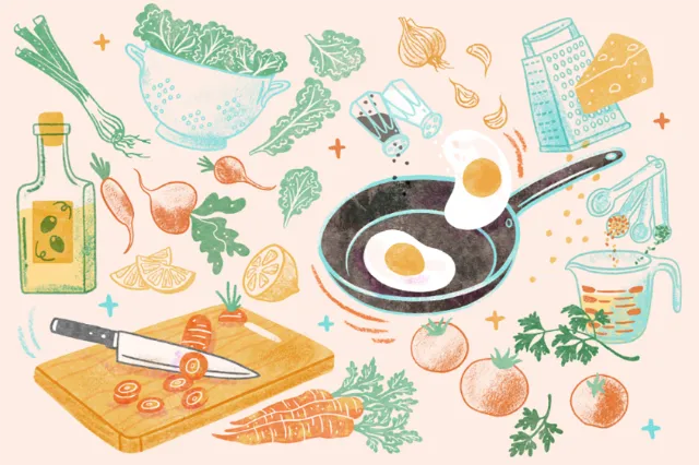 Illustration of cooking ingredients and a fried egg by Alison Kerry