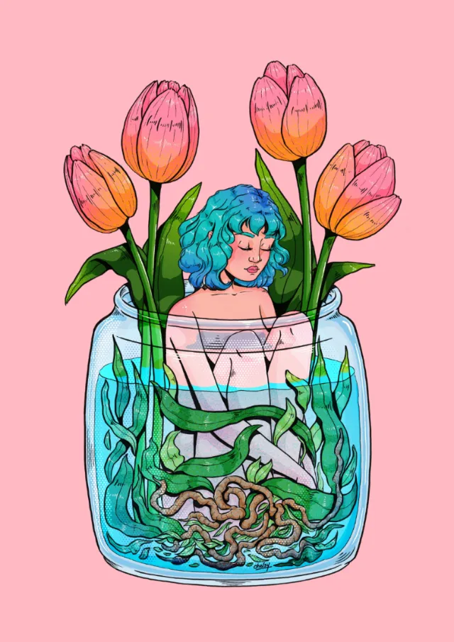 Illustration of woman with blue hair in jar with tulips by Chelsy Escalona