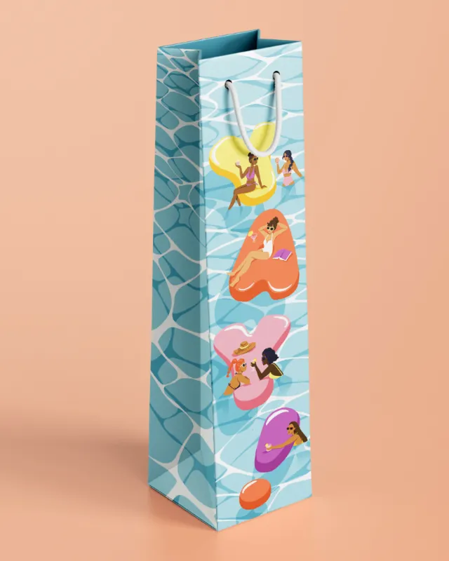 Wine gift bag with pool float illustrations by Alissandra Seelaus