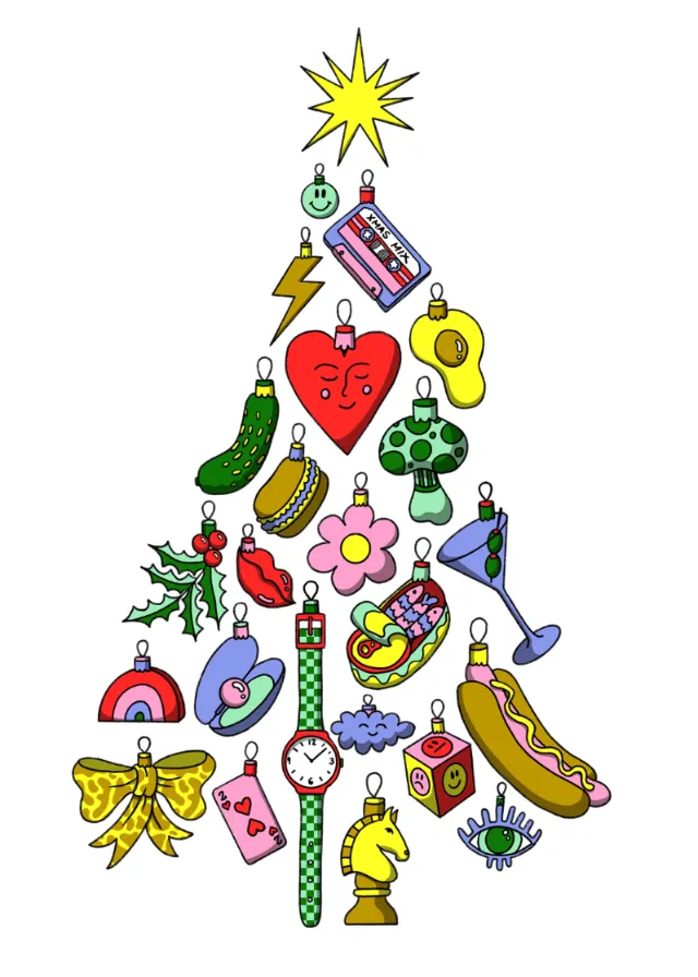 Holiday tree composed of colorful objects illustration by Rachel Winter