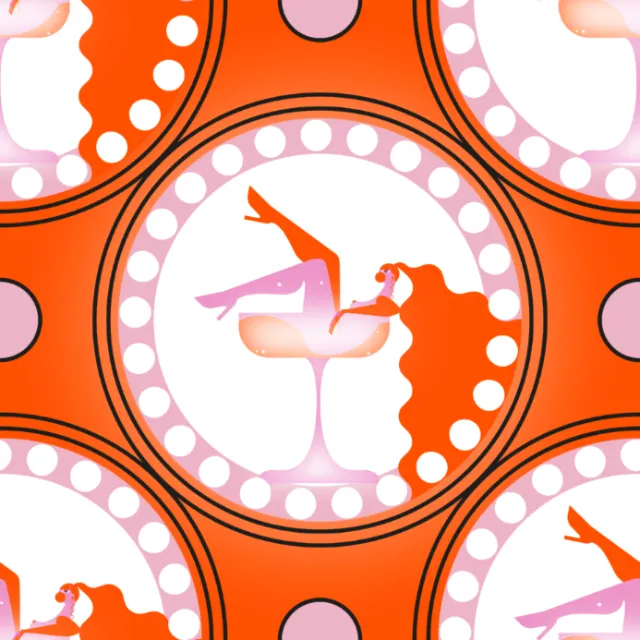Illustration of a woman reclining in a cocktail glass with red hair by Yordanka Poleganova