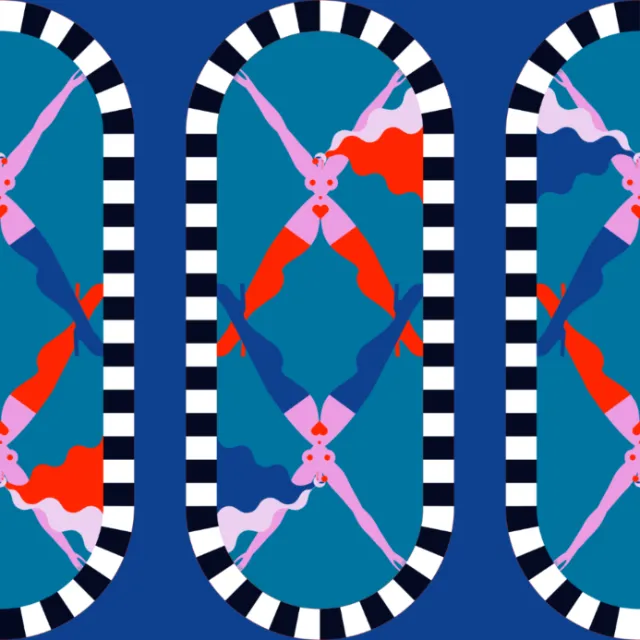 Abstract symmetrical shapes with blue background and contrasting colors by Yordanka Poleganova